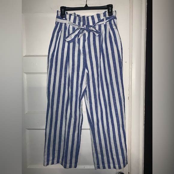 J. Crew‎ factory Linen-cotton paper-bag pant | blue and white striped | size 4 - Picture 4 of 15